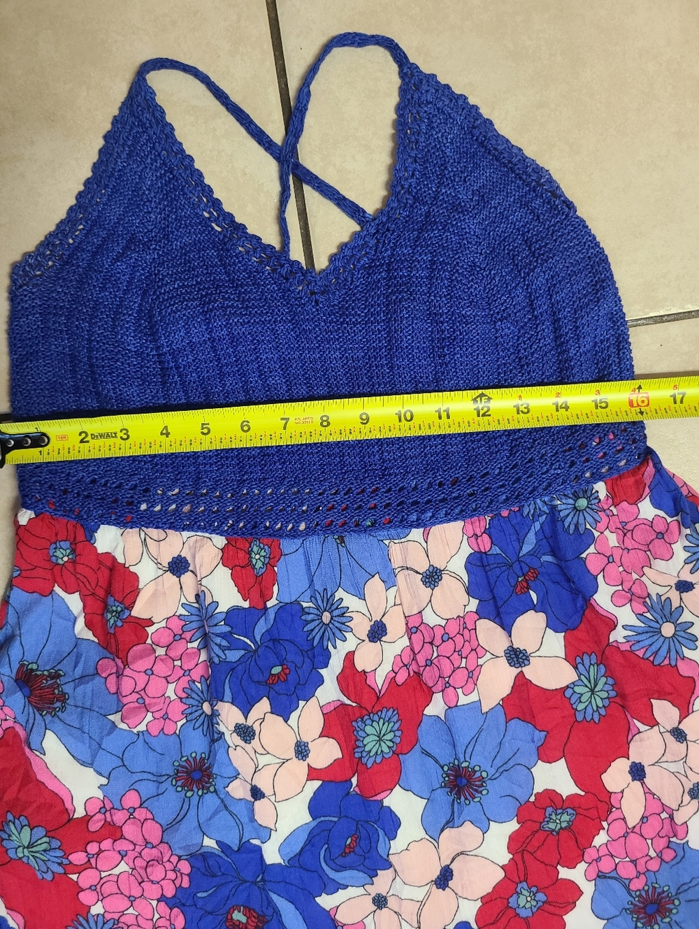 Tori Richard Bohemian Floral Maxi Dress with Royal Blue Crochet Bodice - Picture 10 of 12